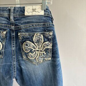 Miss Me Womens Size 29 Mid-rise Easy Cuffed Straight Jeans Bling Fleur De Lis